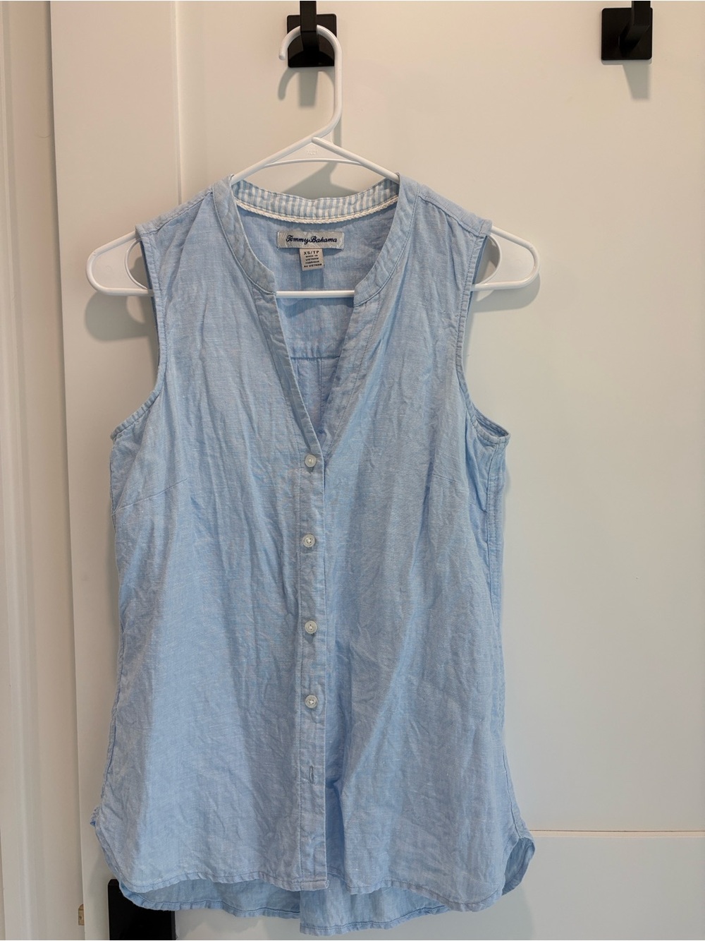 Tommy Bahama Light Blue Linen Blend Shirt with White Stripe Trim